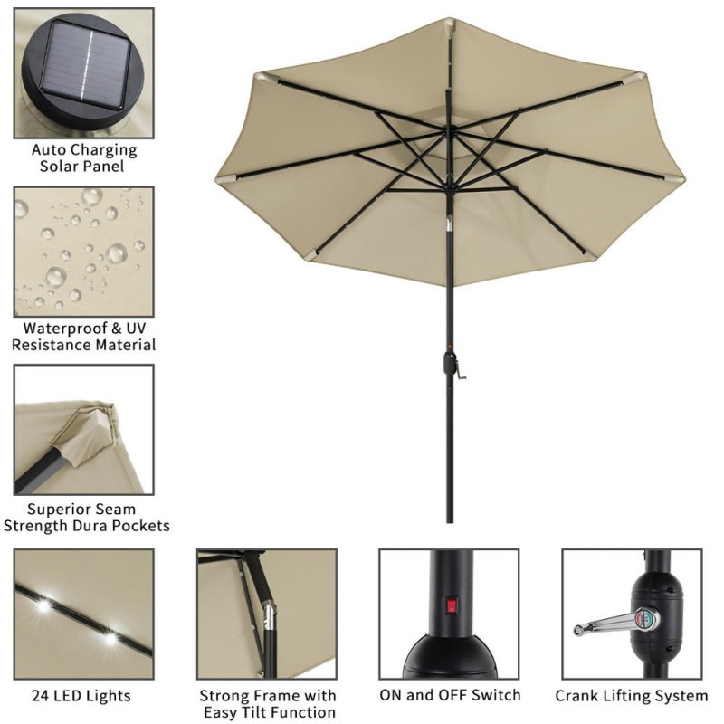 Outdoor Solar 24 LED Lights Patio Parasol w/ Crank, Beige - Parasol - British D'sire