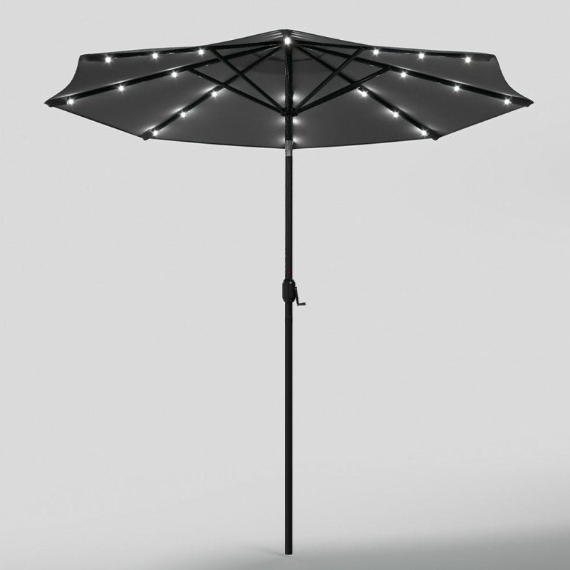 Outdoor Solar 24 LED Lights Patio Parasol w/ Crank, Dark Grey - Parasol - British D'sire