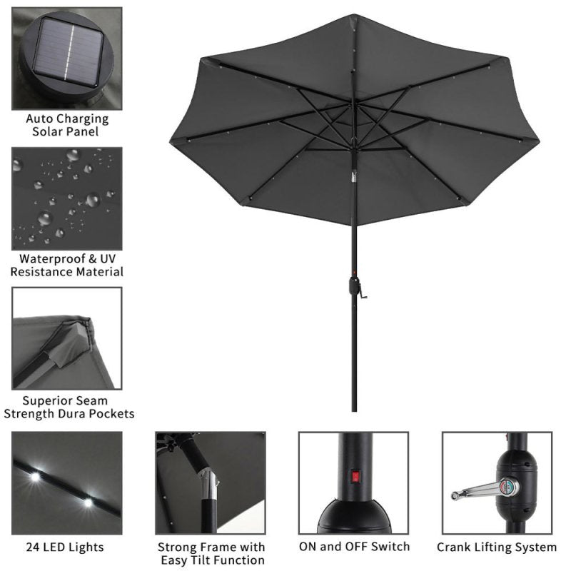 Outdoor Solar 24 LED Lights Patio Parasol w/ Crank, Dark Grey - Parasol - British D'sire