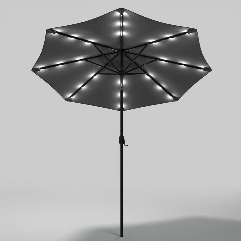 Outdoor Solar 24 LED Lights Patio Parasol w/ Crank, Dark Grey - Parasol - British D'sire