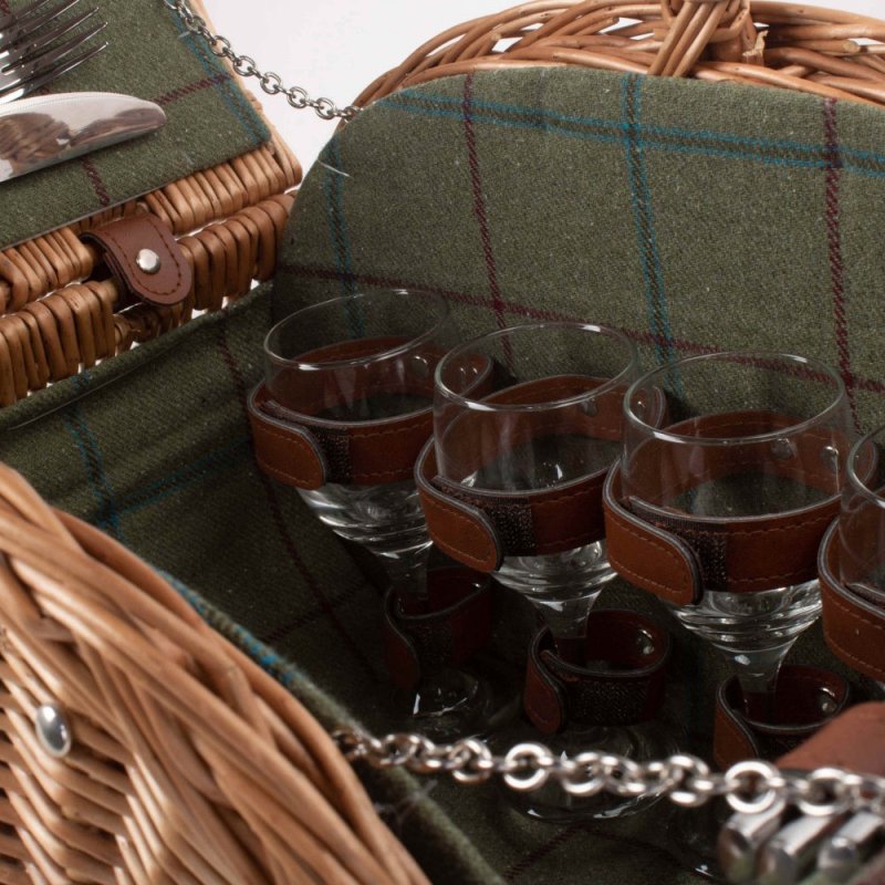 Oval 4 Person Green Tweed Wicker Picnic Basket - Fitted Picnic Baskets - British D'sire