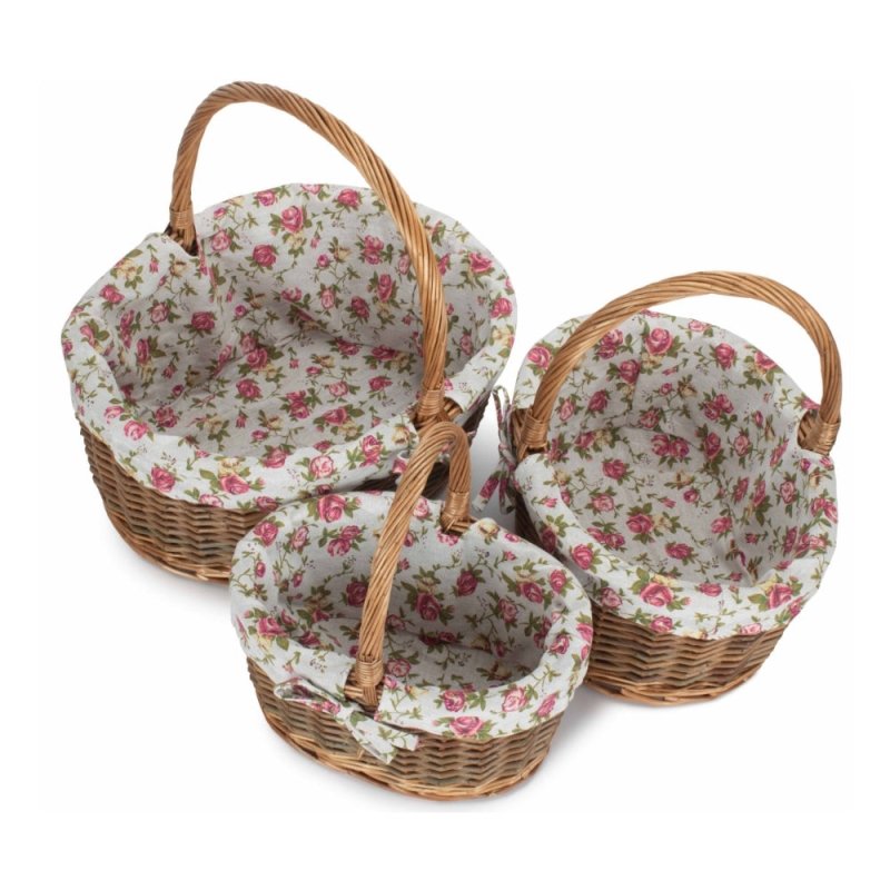 Oval Unpeeled Willow Shopping Basket With Garden Rose Lining - Shopping Baskets - British D'sire