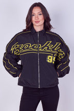 Oversized Slogan Zip-Up Racer Bomber Jacket - British D'sire