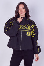 Oversized Slogan Zip-Up Racer Bomber Jacket - British D'sire