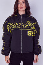 Oversized Slogan Zip-Up Racer Bomber Jacket - British D'sire