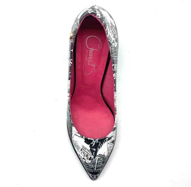 Pailette - Black Newsprint/Navy - Black Sole - Heel Shoe - British D'sire