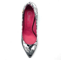 Pailette - Black Newsprint/Navy - Black Sole - Heel Shoe - British D'sire