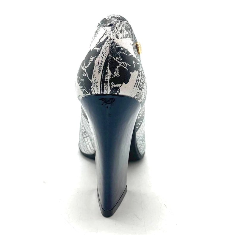 Pailette - Black Newsprint/Navy - Black Sole - Heel Shoe - British D'sire