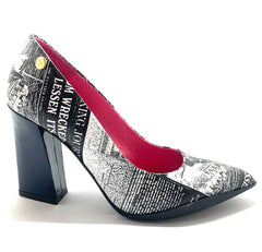 Pailette - Black Newsprint/Navy - Black Sole - Heel Shoe - British D'sire
