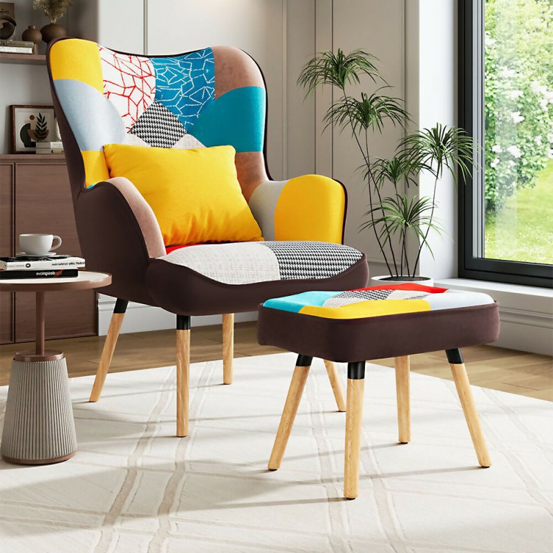 Patchwork Upholstered Wingback Armchair with Footrest and Cushion - Armchair - British D'sire