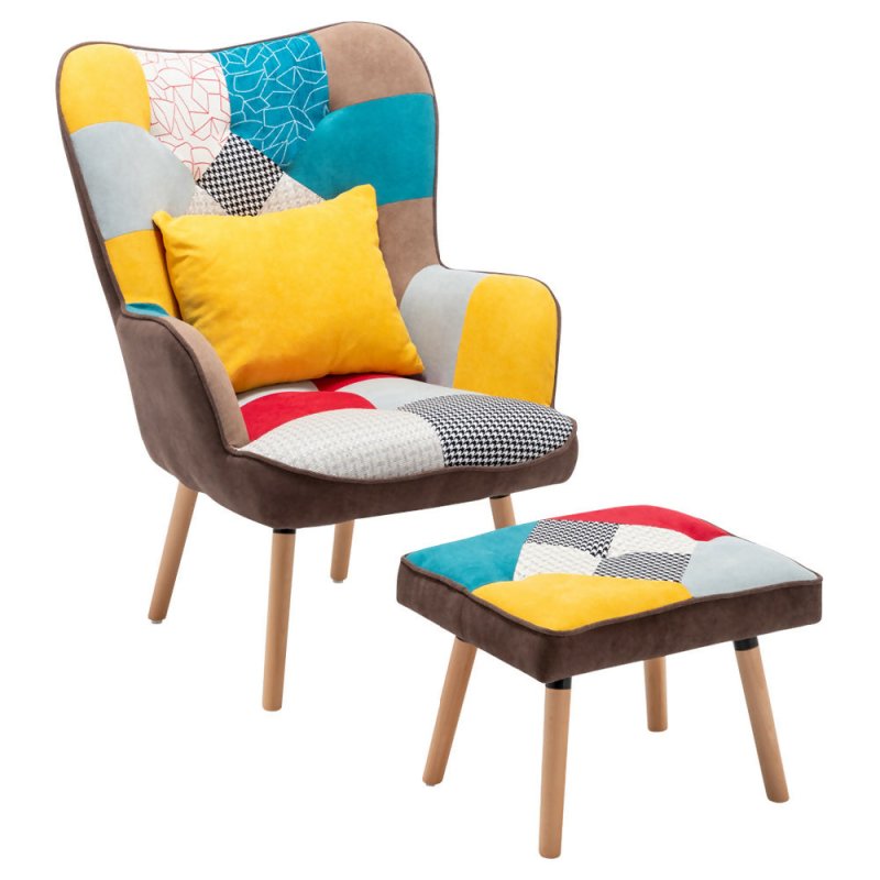Patchwork Upholstered Wingback Armchair with Footrest and Cushion - Armchair - British D'sire