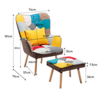 Patchwork Upholstered Wingback Armchair with Footrest and Cushion - Armchair - British D'sire