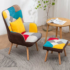 Patchwork Upholstered Wingback Armchair with Footrest and Cushion - Armchair - British D'sire