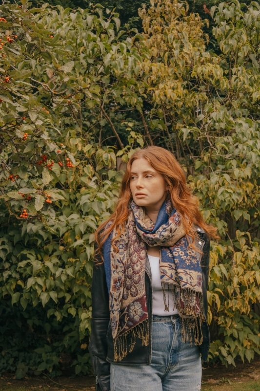 Peacock And Floral Tassel Luxe Pashmina in Navy Blue/Gold - Scarves & Snoods - British D'sire