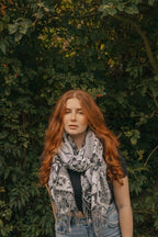 Peacock And Floral Tassel Luxe Pashmina in Silver - Scarves & Snoods - British D'sire