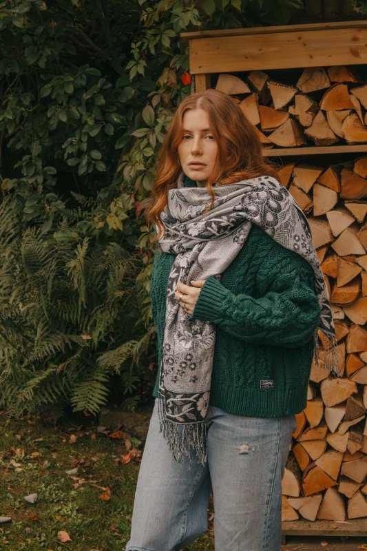 Peacock And Floral Tassel Luxe Pashmina in Silver - Scarves & Snoods - British D'sire