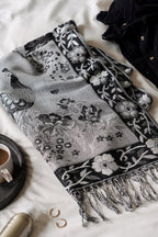 Peacock And Floral Tassel Luxe Pashmina in Silver - Scarves & Snoods - British D'sire