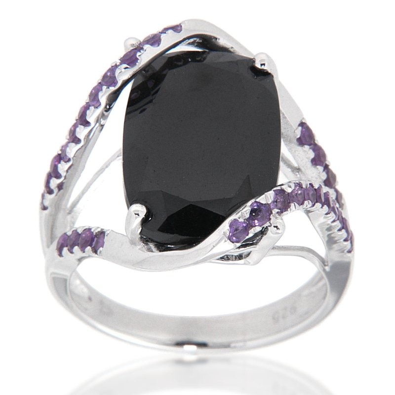 Pearlz Gallery Ladies Sterling Silver Ring Duo – Rose de France Amethyst & Multi-Gemstone Cushion Ring with Abalone Shell Statement Ring – Rhodium Plated Gift Set Main image