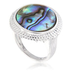 Pearlz Gallery Sterling Silver Ring Duo – 16mm Round Abalone Shell Statement Ring & Oval-Cut Gemstone Halo Ring – Rhodium Plated Hypoallergenic Women’s Jewellery Gift Set