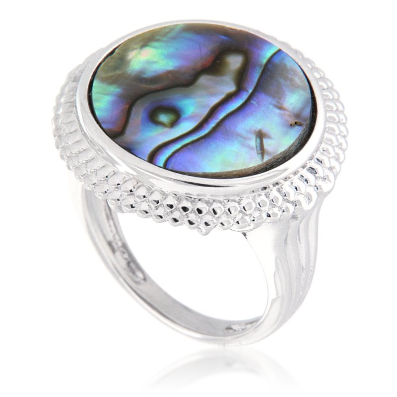 Pearlz Gallery Sterling Silver Ring Duo – 16mm Round Abalone Shell Statement Ring & Oval-Cut Gemstone Halo Ring – Rhodium Plated Hypoallergenic Women’s Jewellery Gift Set