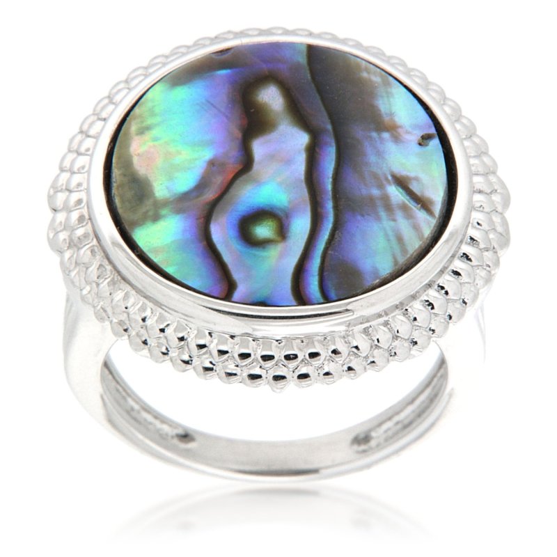 Pearlz Gallery Sterling Silver Ring Duo – 16mm Round Abalone Shell Statement Ring & Oval-Cut Gemstone Halo Ring – Rhodium Plated Hypoallergenic Women’s Jewellery Gift Set