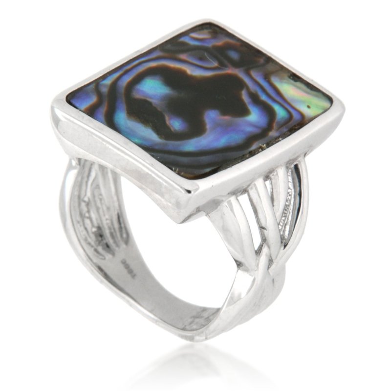 Pearlz Gallery Ladies Sterling Silver Abalone Shell Ring Duo – Oval & Rectangle Natural Shell Statement Rings – Rhodium Plated, Hypoallergenic Jewellery Gift Set