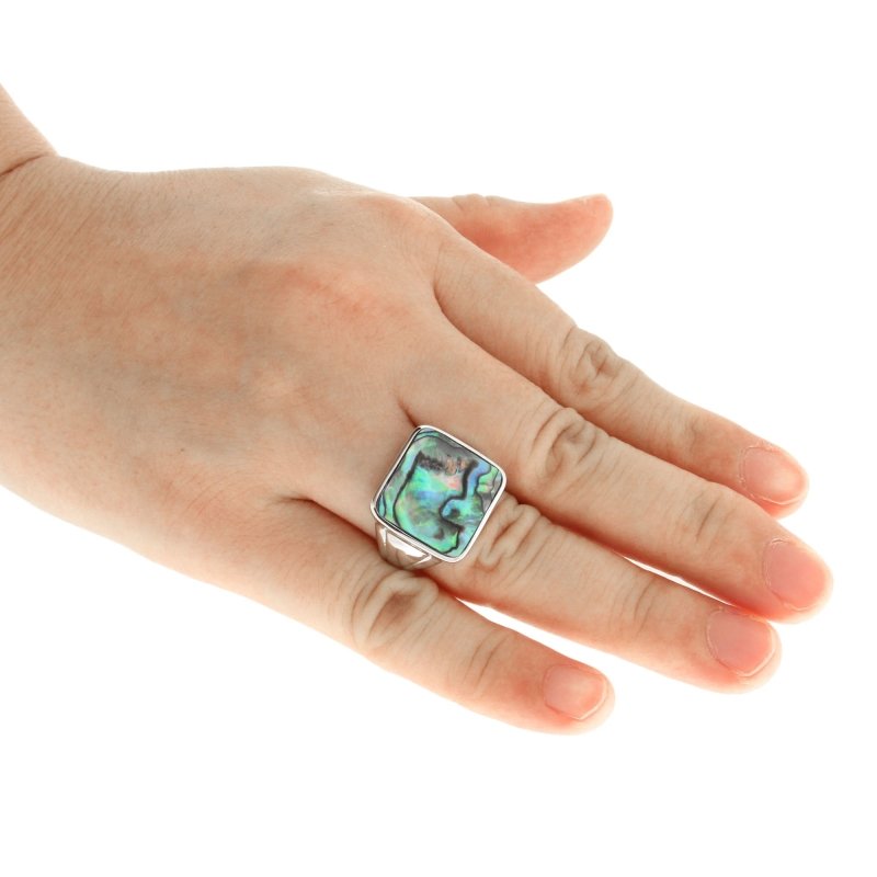 Pearlz Gallery Ladies Sterling Silver Ring Duo – Rose de France Amethyst & Multi-Gemstone Cushion Ring with Abalone Shell Statement Ring – Rhodium Plated Gift Set