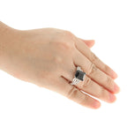 Pearlz Gallery Ladies’ Sterling Silver Cocktail Ring Duo – Tanzanite CZ & Black Spinel with White CZ & Topaz Halo – Rhodium Plated Statement Jewellery Gift Set