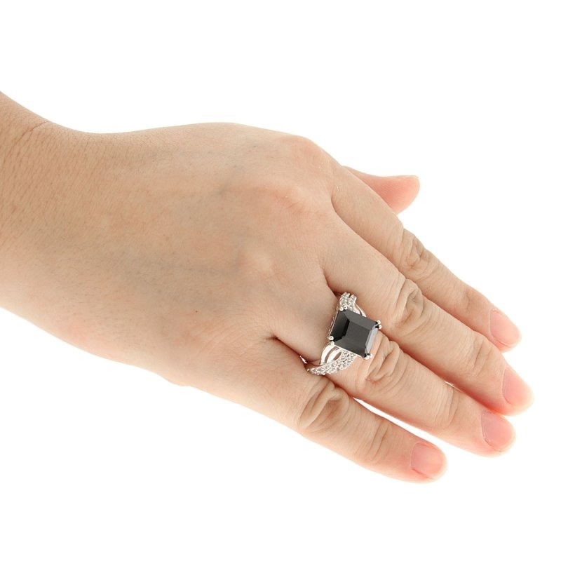 Pearlz Gallery Ladies’ Sterling Silver Cocktail Ring Duo – Tanzanite CZ & Black Spinel with White CZ & Topaz Halo – Rhodium Plated Statement Jewellery Gift Set