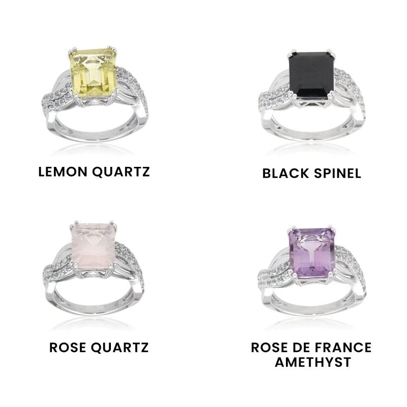 Pearlz Gallery Ladies’ Sterling Silver Cocktail Ring Duo – Tanzanite CZ & Black Spinel with White CZ & Topaz Halo – Rhodium Plated Statement Jewellery Gift Set
