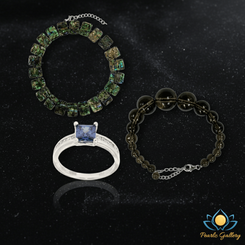 Pearlz Gallery Jewellery Gift Set – Blue Tanzanite Ring, Abalone & Black Onyx Necklace, Smoky Quartz Bracelet – Women’s Sterling Silver Natural Gemstone Set - Jewellery - British D'sire Main image