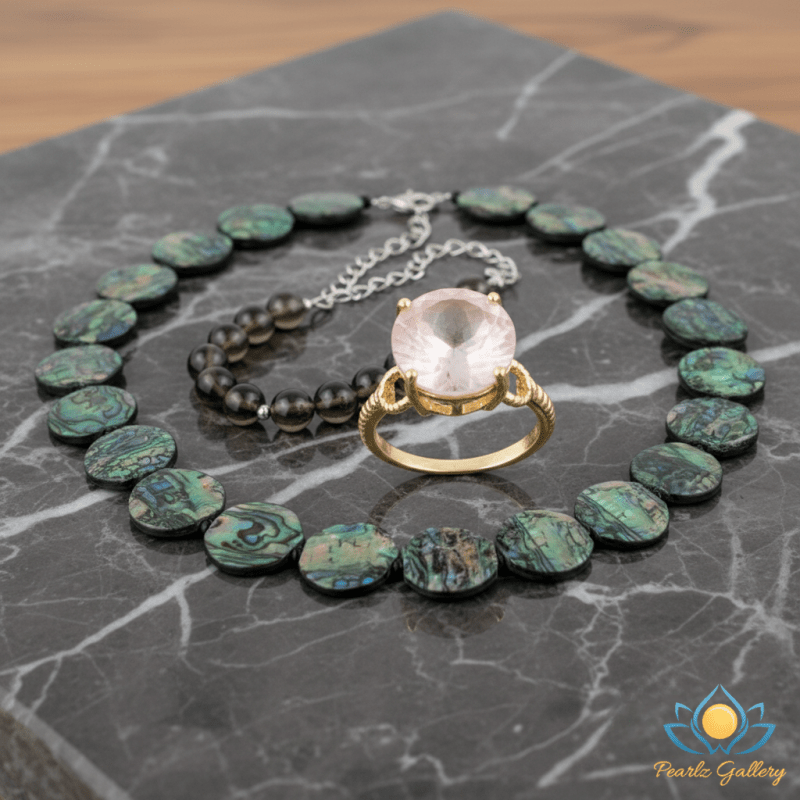 Pearlz Gallery Jewellery Gift Set – Rose Quartz Ring, Abalone & Onyx Necklace, Smoky Quartz Bracelet – Natural Gemstone 925 Sterling Silver Jewellery for Women - Jewellery - British D'sire