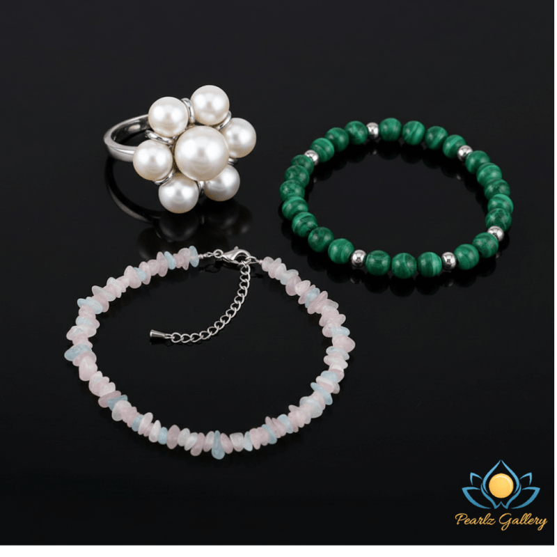 Pearlz Gallery Jewellery Set – Freshwater Pearl Flower Ring, Multi Beryl Chips Necklace, Malachite Bracelet – Women’s Sterling Silver Gemstone Gift - Jewellery - British D'sire