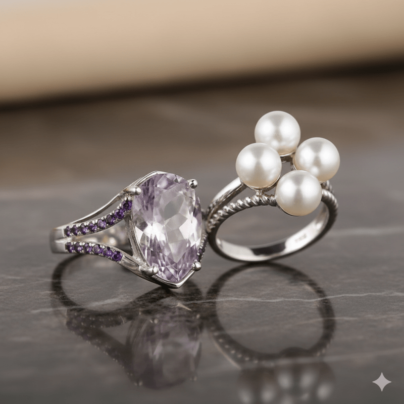 Pearlz Gallery Ladies Luxury Ring Collection – Black Spinel, Rose de France Amethyst & Freshwater Pearl Rings Bundle – 925 Sterling Silver Gift Set – Multi - Stone & Pearl Statement Jewellery - Jewelry Rings - British D'sire