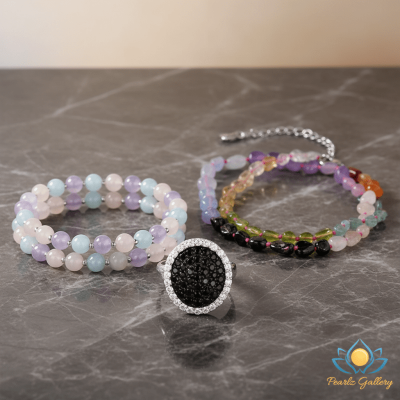 Pearlz Gallery Ladies Multicolor Gemstone Jewellery Set – Natural Stone Necklace, Black Spinel & White Topaz Cocktail Ring & Multi - Stone Stretch Bracelet – 925 Sterling Silver Gift Bundle - Jewellery - British D'sire