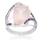 Pearlz Gallery Ladies Sterling Silver Ring Duo – Rose de France Amethyst & Multi-Gemstone Cushion Ring with Abalone Shell Statement Ring – Rhodium Plated Gift Set