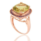 Pearlz Gallery Ladies Sterling Silver Ring Duo – Lemon Quartz & Amethyst Cushion Halo Ring with Abalone Shell Statement Oval Ring – Rose Gold & Rhodium Plated Jewellery Gift Set
