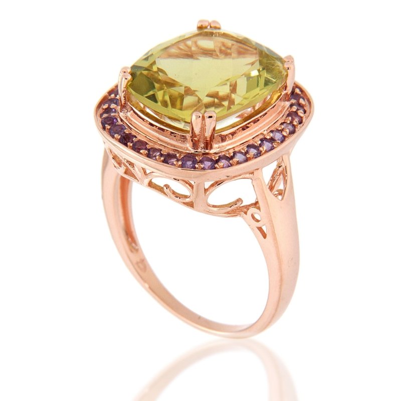 Pearlz Gallery Ladies Sterling Silver Ring Duo – Lemon Quartz & Amethyst Cushion Halo Ring with Abalone Shell Statement Oval Ring – Rose Gold & Rhodium Plated Jewellery Gift Set
