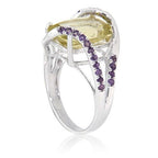 Pearlz Gallery Sterling Silver Rose de France Amethyst Ring Duo – Cushion Cut Purple Gemstone & Multi-Gemstone Designs – White Gold & Rhodium Plated Ladies’ Jewellery Gift Set