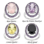 Pearlz Gallery Sterling Silver Ring Duo – 16mm Round Abalone Shell Statement Ring & Oval-Cut Gemstone Halo Ring – Rhodium Plated Hypoallergenic Women’s Jewellery Gift Set
