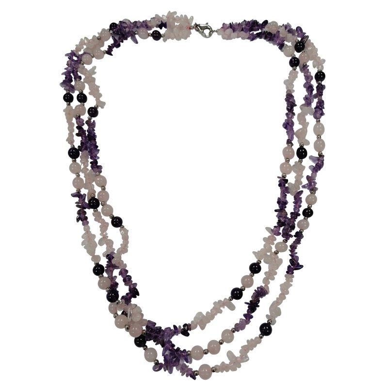 Pearlz Gallery Women’s Rose Quartz Amethyst Necklace, Smoky Quartz Bracelet & Cubic Zirconia Ring – 3-Piece Sterling Silver Jewellery Gift Set