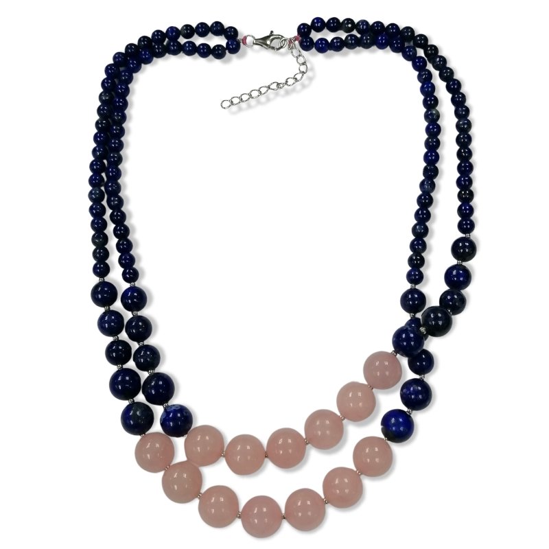 Pearlz Gallery Elegant Gemstone Jewellery Bundle – Black & White CZ Ring, Lapis Lazuli & Rose Quartz Necklace, Purple Amethyst & White Topaz Ring
