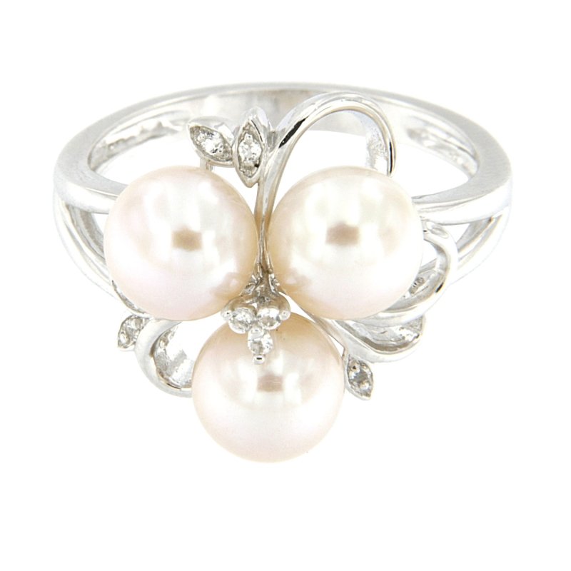 Pearlz Gallery Ladies White Freshwater Pearl Ring Duo – Pearl & Topaz Cocktail Ring and Pearl Split Band Engagement Ring – 925 Sterling Silver Rhodium Plated Gift Set