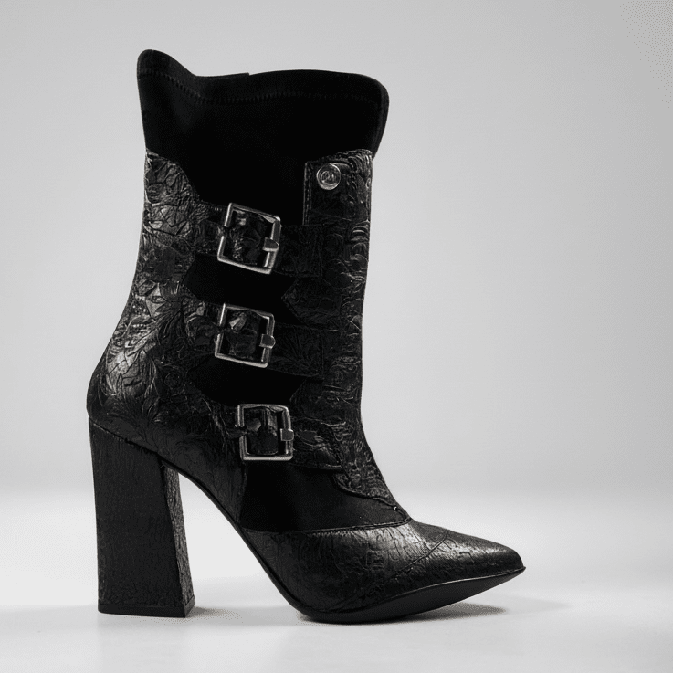 Peron - Black Flower Stretch high heel ankle boot - Heel Shoe - British D'sire Main image