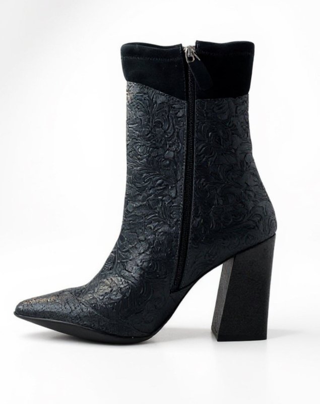 Peron - Black Flower Stretch high heel ankle boot - Heel Shoe - British D'sire