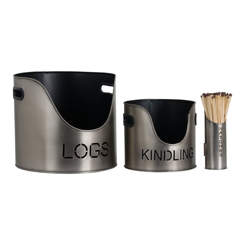 Pewter Finish Logs And Kindling Buckets & Matchstick Holder - Fireplace Accessories - British D'sire