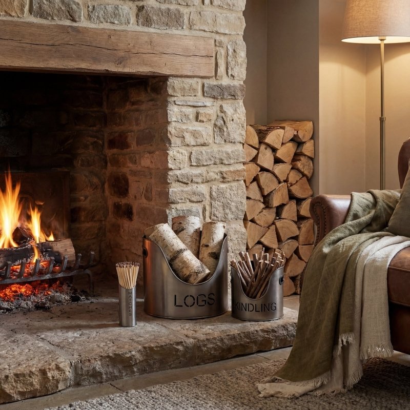 Pewter Finish Logs And Kindling Buckets & Matchstick Holder Secondary image