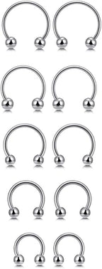 PiercingJ 10pcs 16G Stainless Steel Horseshoe Hoop Circular Barbells Earrings Cartilage Helix Septum Nose Lip Rings 6mm - 14mm - Women's Earrings - British D'sire