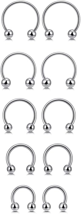 PiercingJ 10pcs 16G Stainless Steel Horseshoe Hoop Circular Barbells Earrings Cartilage Helix Septum Nose Lip Rings 6mm - 14mm - Women's Earrings - British D'sire