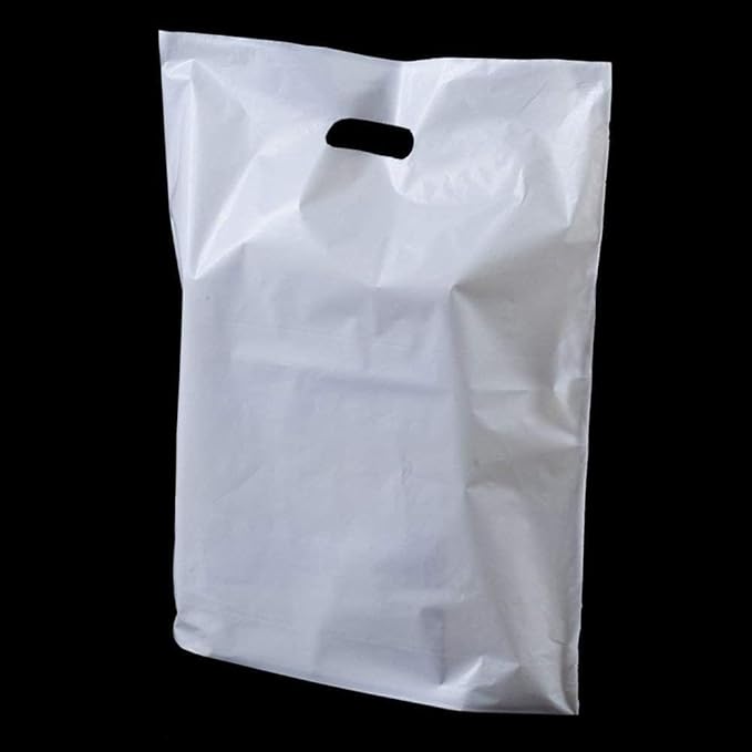 Plastic Carrier Bags 100 White Patch Handle Carrier Bags | Large Size Bags 15 x 18 + 3" for Shopping Groceries Gift Boutique Supermarket Cash N Carry Business Market Stall 38cm x 46cm + 7cm - Reusable Shopper Bags - British D'sire Main image